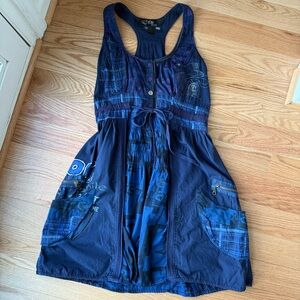 Desigual Navy Blue Patchwork Sleeveless Dress Boho Artsy Pocket Tie Waist A-Line